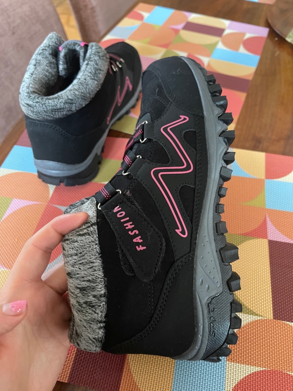 Black + Pink Faux-Fur Lace-Up Hiking Boots - Picture 4 of 10